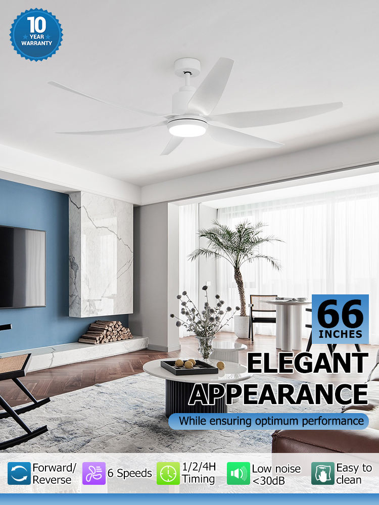 Color Temperature 3000k 66-inch LED Ceiling Fan with Dimmable Light and White ABS Blades