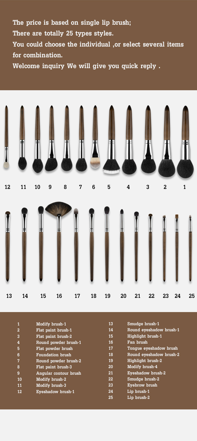 High Quality Natural Goat Hair Synthetic Single Makeup Brush Set/Copper Makeup Brush Wood Handle Rosewood Single Make Up Brush