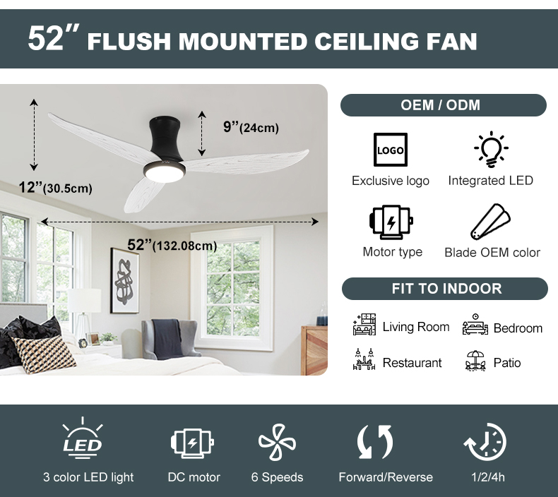 Low Ceiling Safety Protect LED Ceiling Fan with 6 Speed Choice and Elegant Design