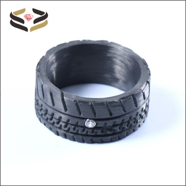 Round Black Carbon Fiber Band 10mm With Cubic Zirconia Inlay And Truck Tire Pattern