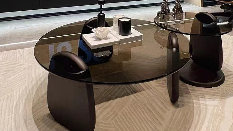 Exquisite Round Glass Combination Coffee Table With Wooden Leg