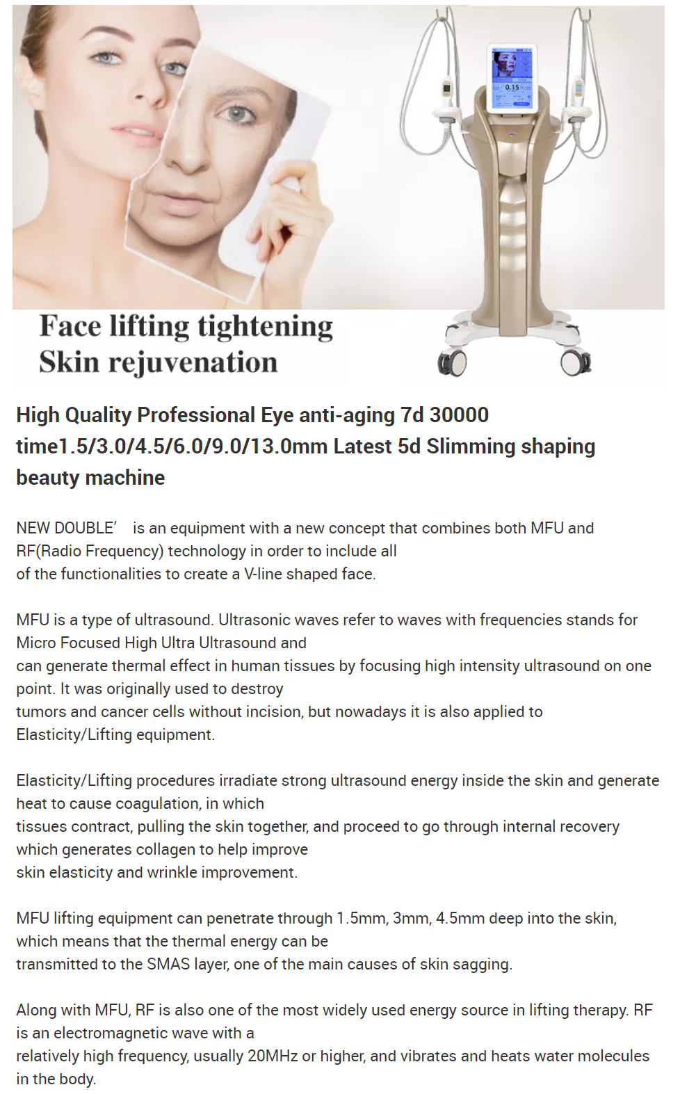 MFU RF Ultrasonic Hifu Beauty Machine For Face Lifting Skin Tightening Wrinkle Reduction Body Firming Treatment