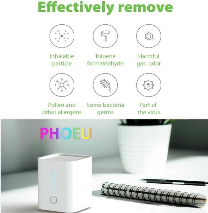 Table top mini purifier with UVC LED disinfection function and active carbon PM2.5 purification