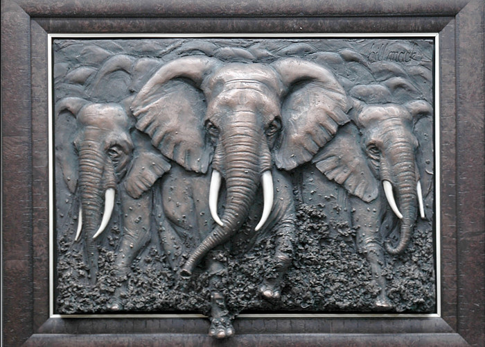 Metal Wall Art Sculpture / Bronze Elephant Bas Relief Multi Function