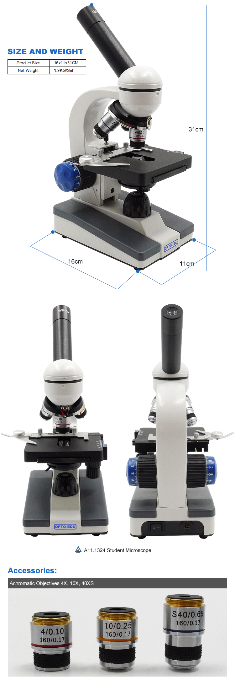 WF10x Monocular Student Compound Microscope For High School Student A11.1324