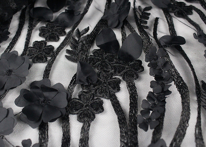 Polyester 3D Flower Lace Fabric For Wedding Dresses , Embroidered Bridal Lace Fabric