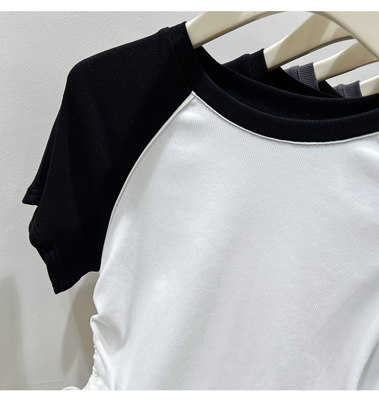 Custom Y2K Ribbed Cotton Contrast Color Crop Top Ruched Drawstring Short Sleeve Women