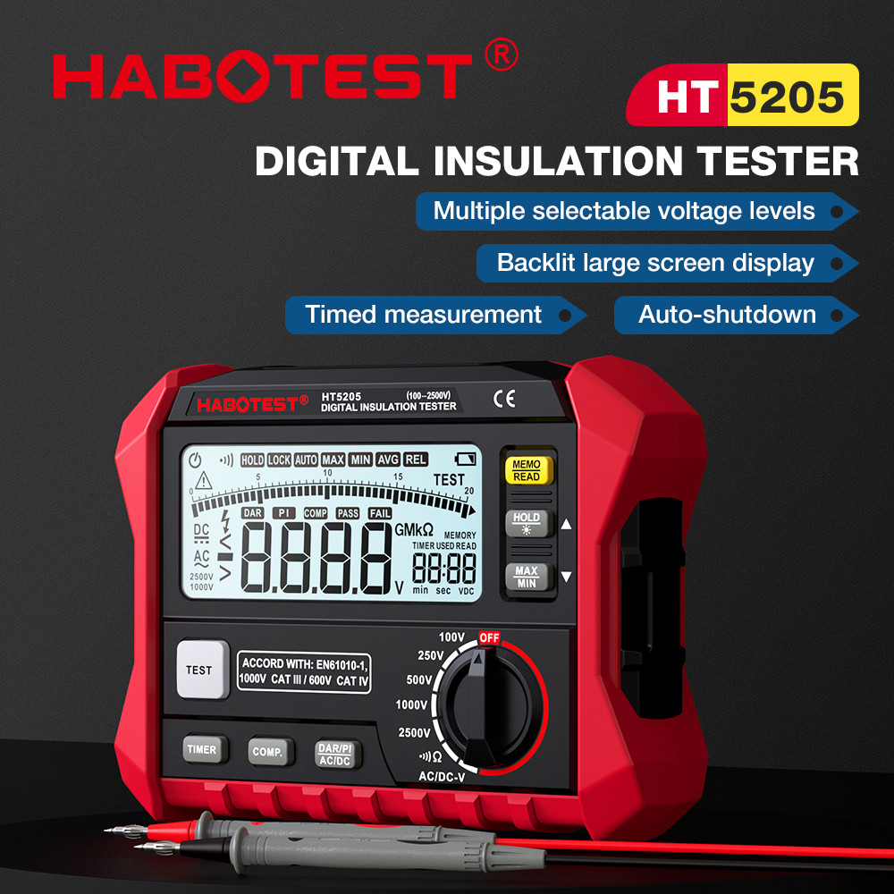 HT5205 Digital Insulation Resistance Tester High-Precision 2500V Voltmeter Resistance Meter 0~200GΩ Megohmeter Ohmmeter