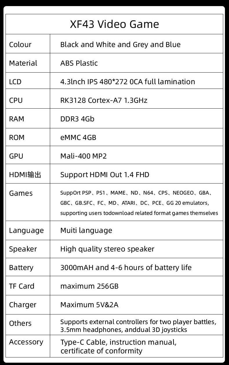 4.3inch IPS Screen Gaming System Pocket Video Player XF43 Handheld Game Console