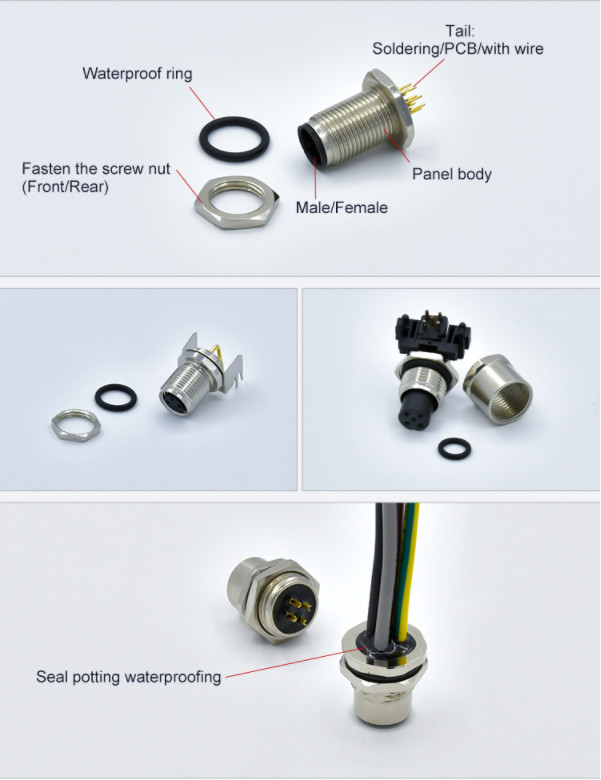 Circular M12 5 Pin Connector Panel Mounting Male Solder Threaded Waterproof M12 Connector