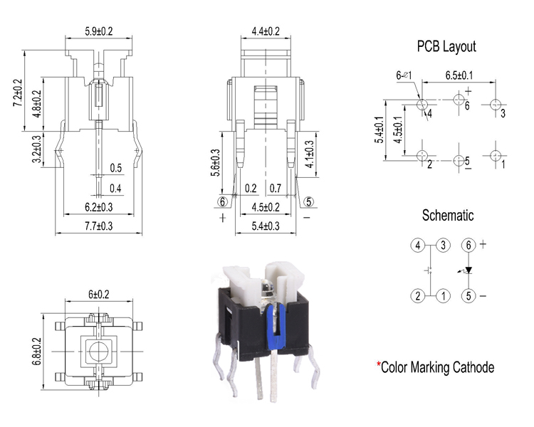 Illumination Tactile Switch,SPST 6x6x7.2mm 6-Pins Through Hole Mini Led Tact Switch ,Lamp Switch,Illuminate Tact Switch
