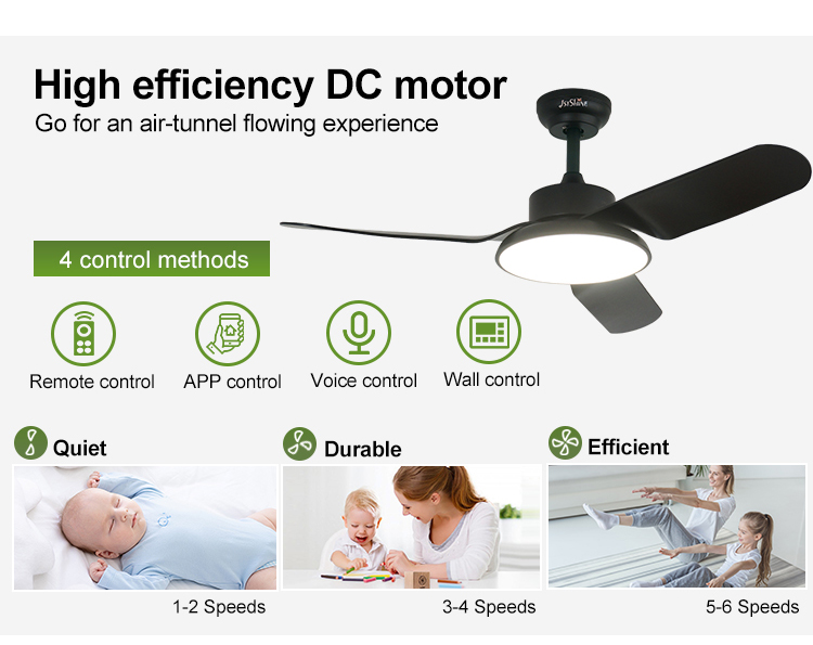 Modern 43-inch Black LED Ceiling Fan with Silent Motor and Air Conditioning Function
