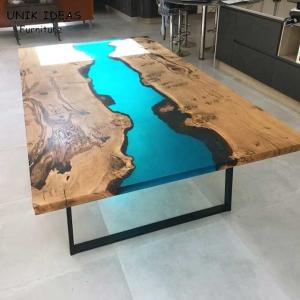 China Epoxy Resin Live Edge River Wood Plank Dining Table Counter Desk Top Home Kitchen Blue wholesale