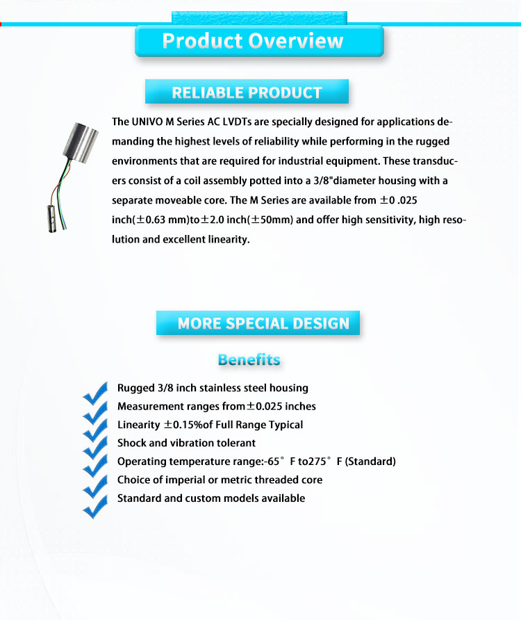 0.63mm Nominal Range UNIVO AC LVDT Displacement Sensor for High Temperature Applications