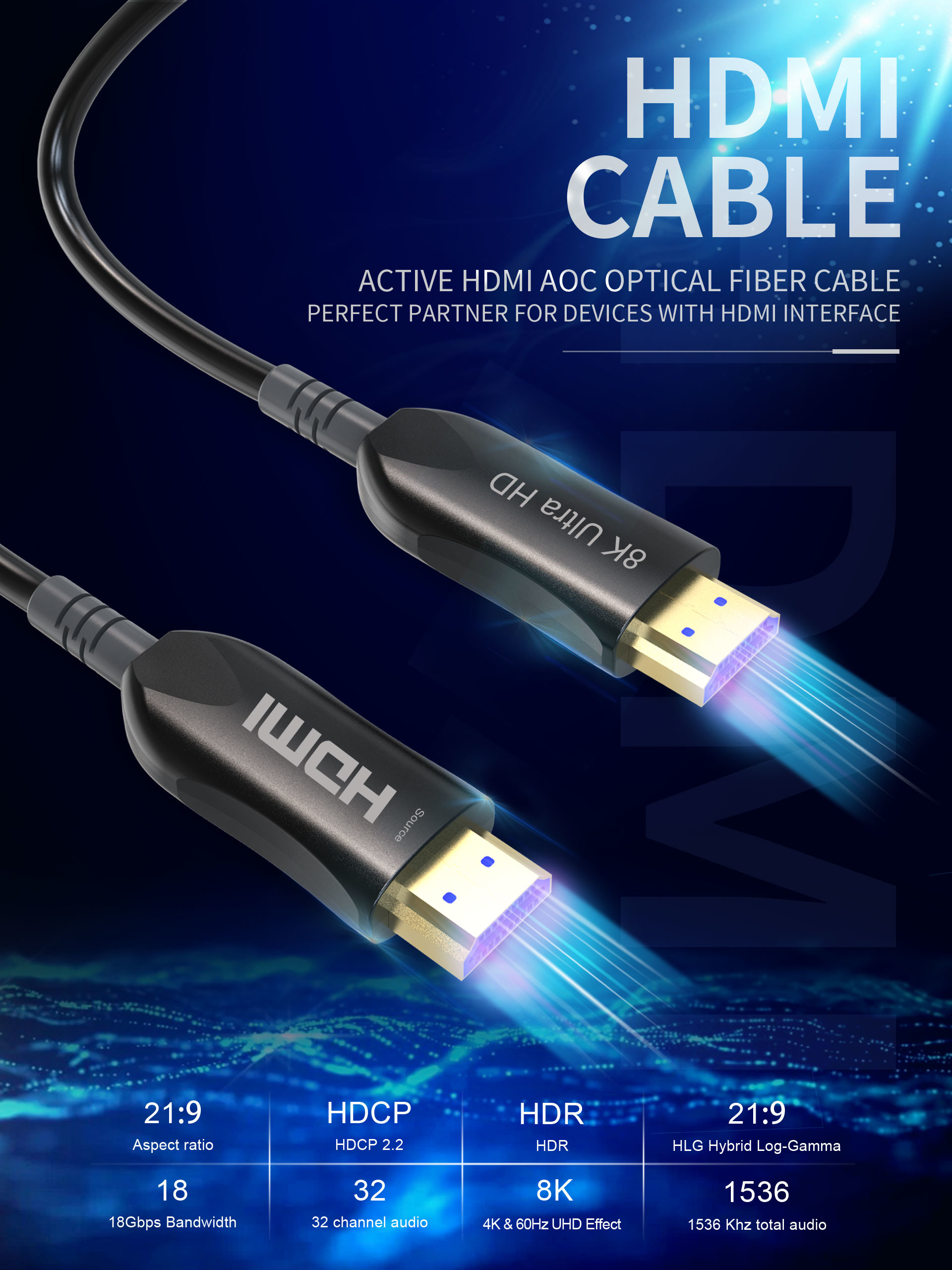 AOC 50ft 48Gbps Fiber Optical HDMI Cable For Blue Ray DVD HDMI 8K
