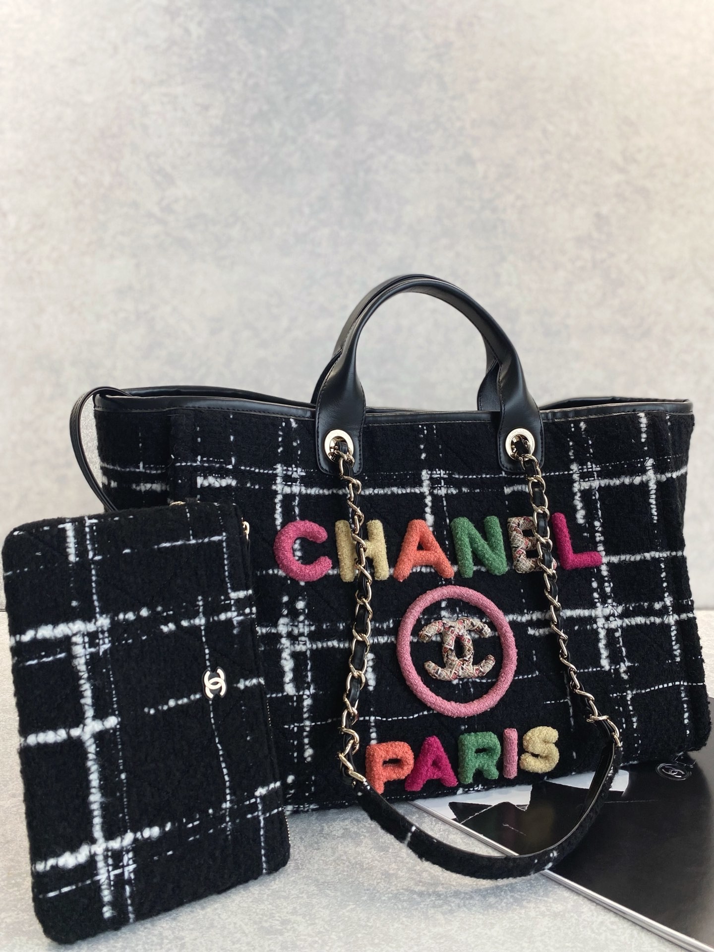 Chanel 2022 Sotheby's Custom Branded Bags Tweed Beach Bag FW Rainbow Tote
