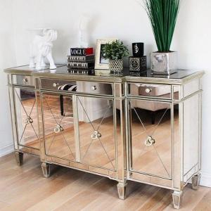 China Gold / Silver Mirror Furniture Set 4 Doors Mirrored Dresser Sideboard wholesale