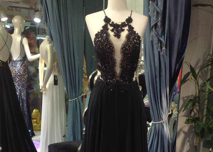 Backless A Line Ball Gown White Black Color Hanging Neck Chiffon Lace Beading