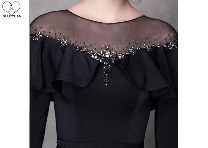 Beautiful Black Long Sleeve A Line Dress Beading See Through Back Sweep Train