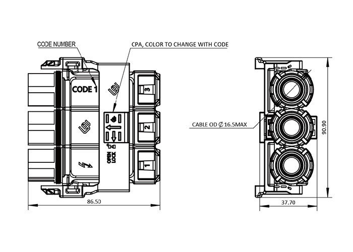 EMI Shielded 3 Pole Connector , 200A Double Lock RV Battery Connector