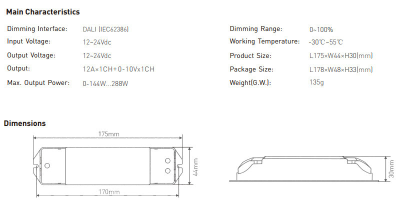 CV DALI Dimming Driver,12-24V 12A*1CH Constant Voltage Dali Low Voltage Driver
