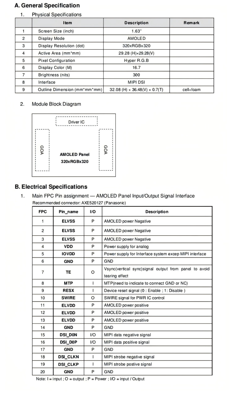 Pin definition diagram for HX163LX010R AMOLED display