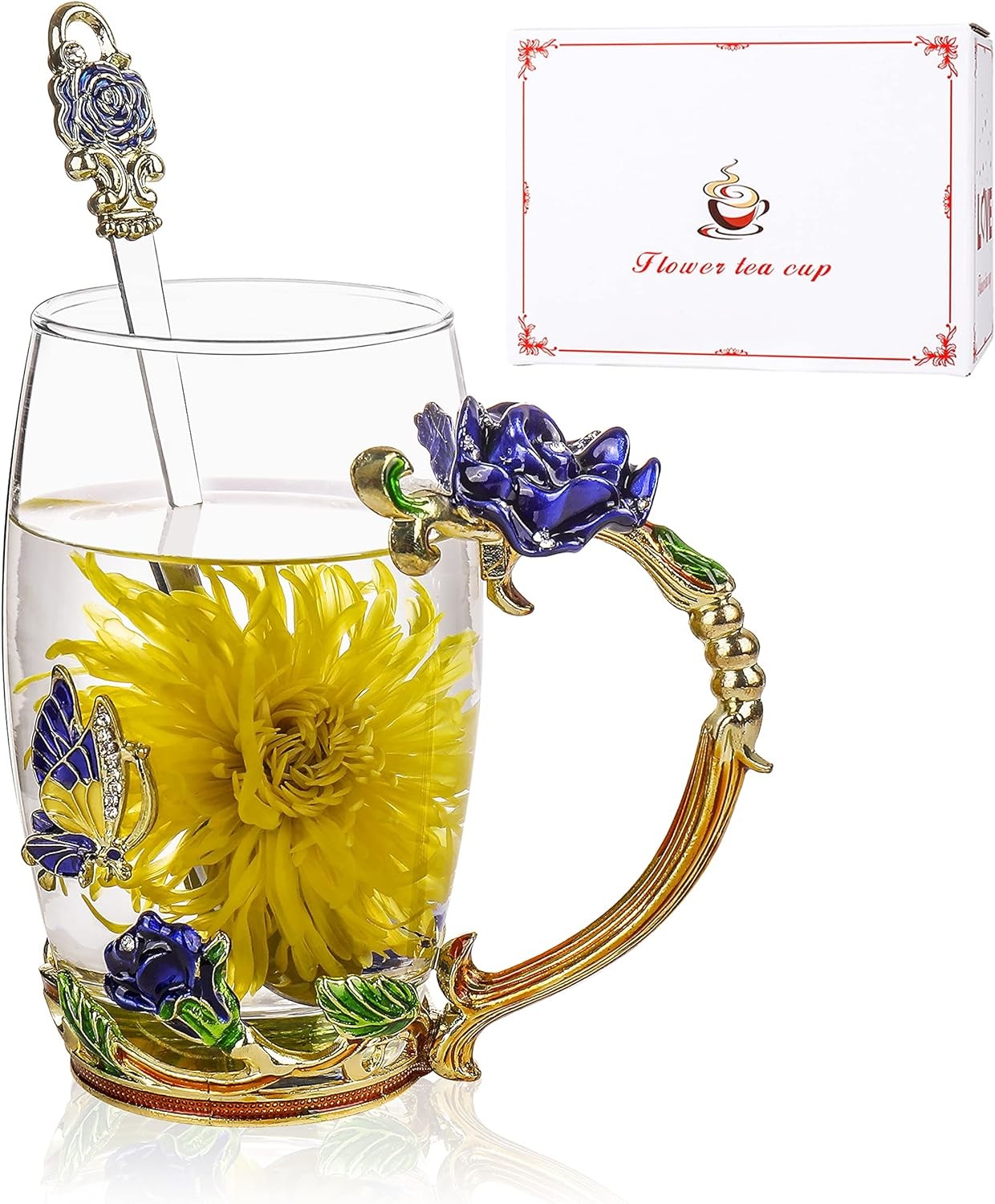 4 Sets Flower Tea Cups Vintage Glass Coffee Mugs With Spoon