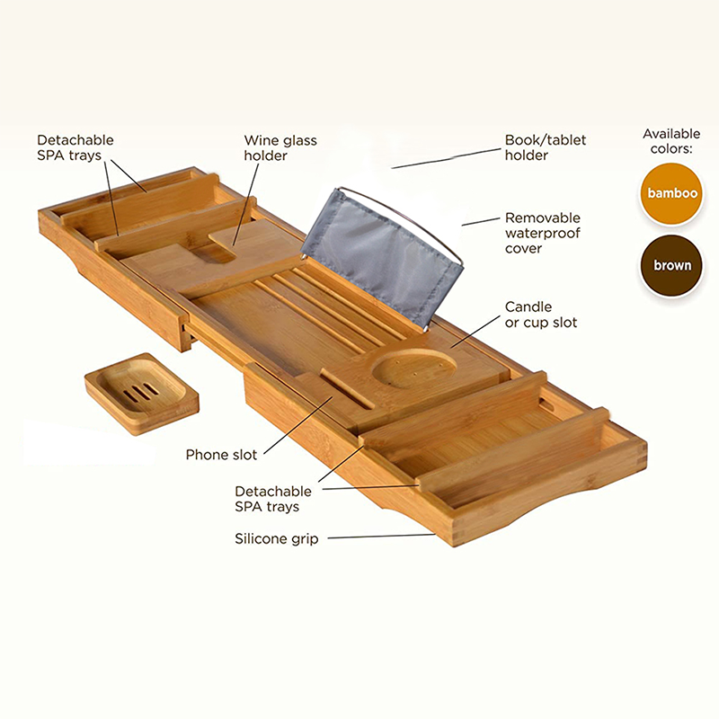 ODM Expandable Bath Caddy Bamboo Wood Bath Tub Tray Eco Friendly