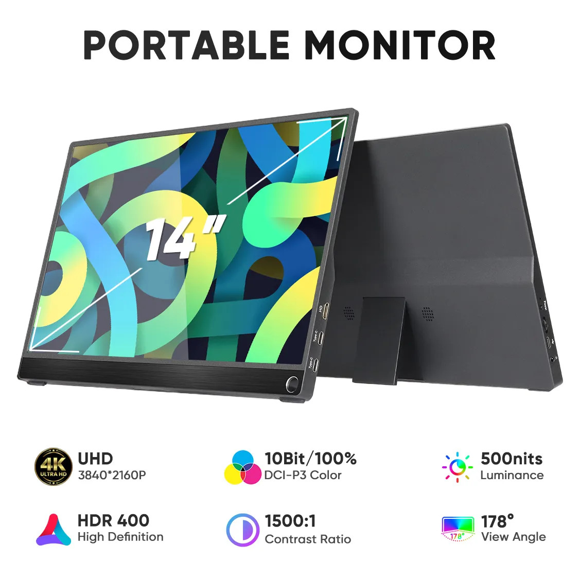 14 inch 4K IPS Screen Dual USB C Portable Gaming Monitor Slim Lightweight 100% Color