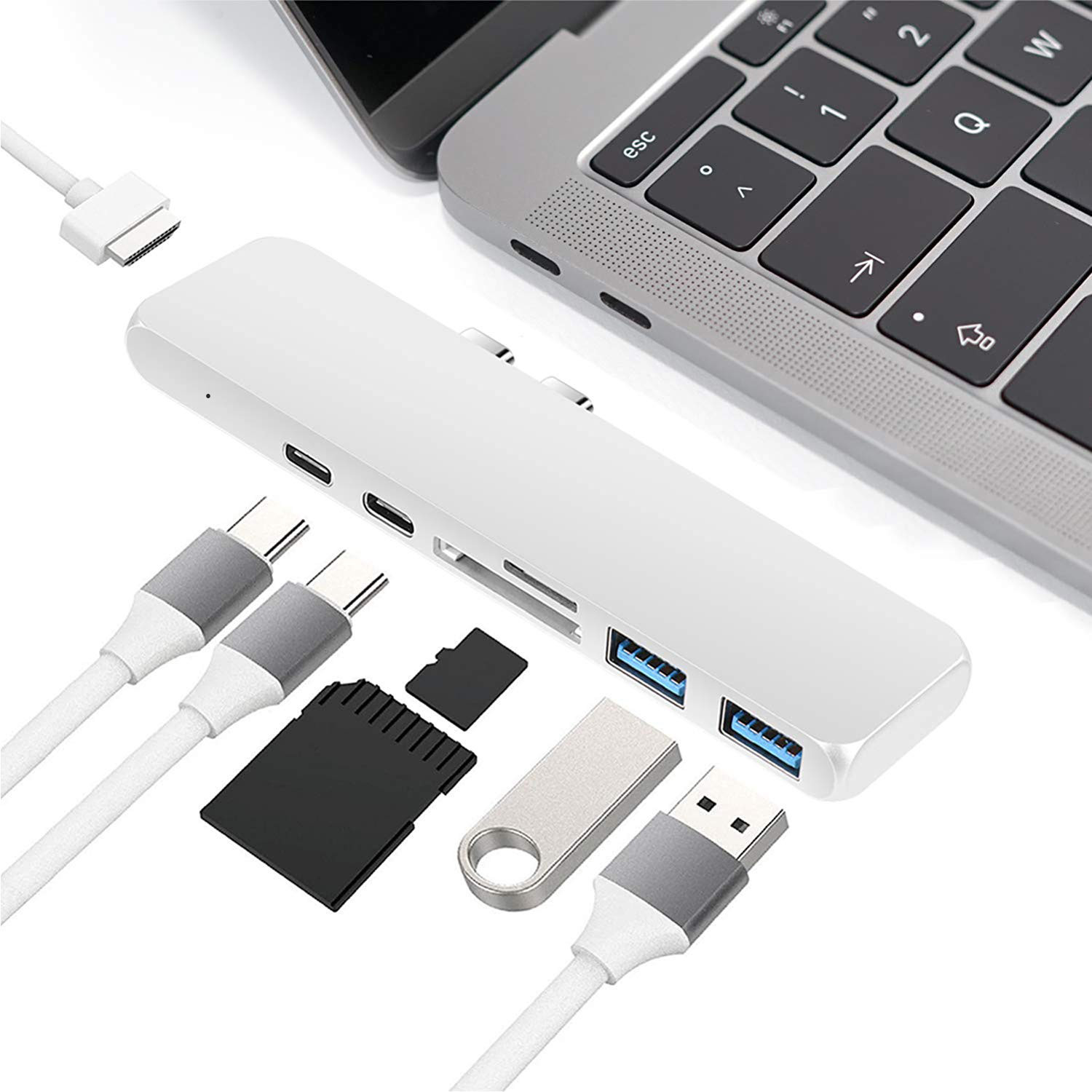 USB C Hub 7 in 1 Adapter Dual Type C Docking Station to 40Gbps Thunderbolt 3,Dual USB 3.0 4K 30Hz SD&TF Card reader