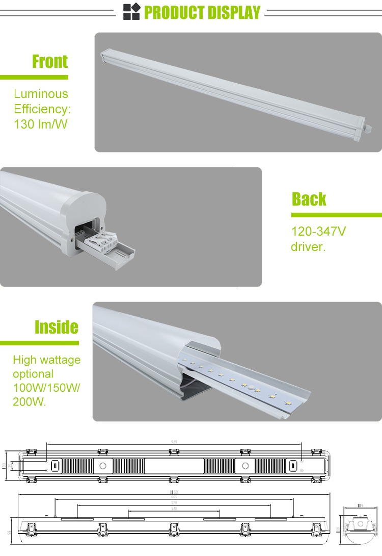 High Wattage Led Vapor Tight Light 100W 150W IK10 IP67 Driver 347V option for Warehouse