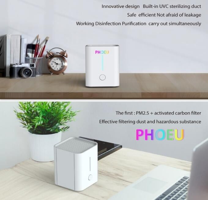 Table top mini purifier with UVC LED disinfection function and active carbon PM2.5 purification