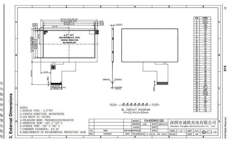 Industrial 24bit RGB 4.3 Inch 480x272 TFT LCD Display With ST7282 IC