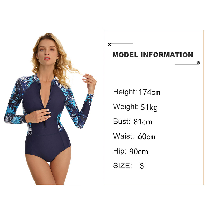 Womens 1 Piece Long Sleeve Zipper Bathing Suit Stand Collar Printed