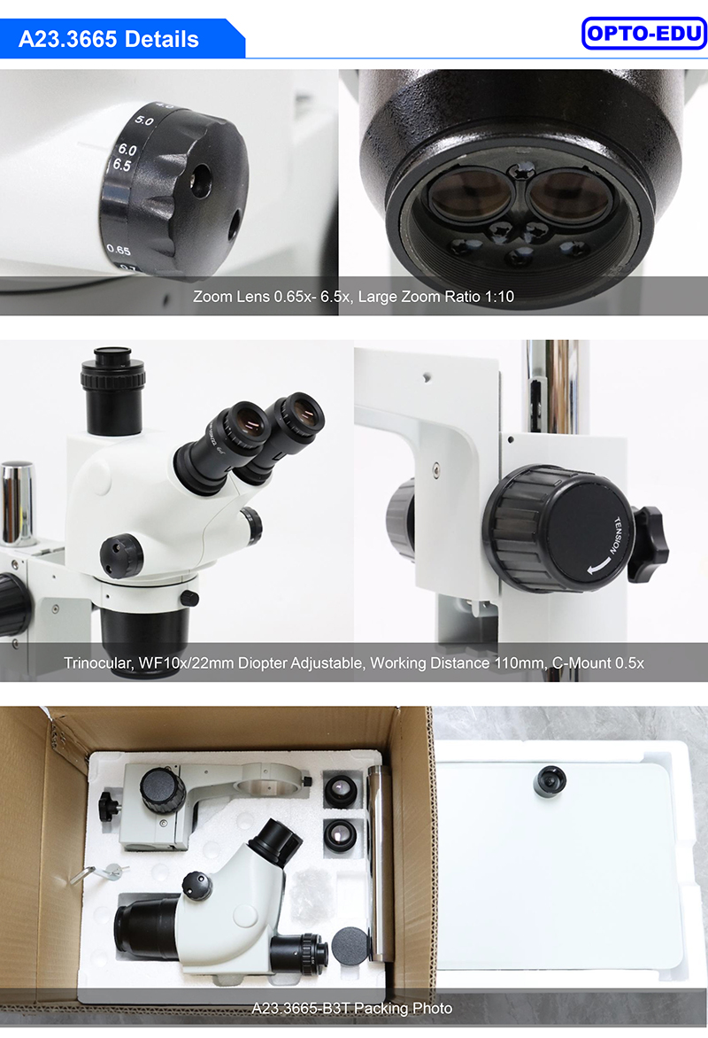 OPTO-EDU A23.3665 0.65-6.5x 1:10 Zoom Stereo Microscope