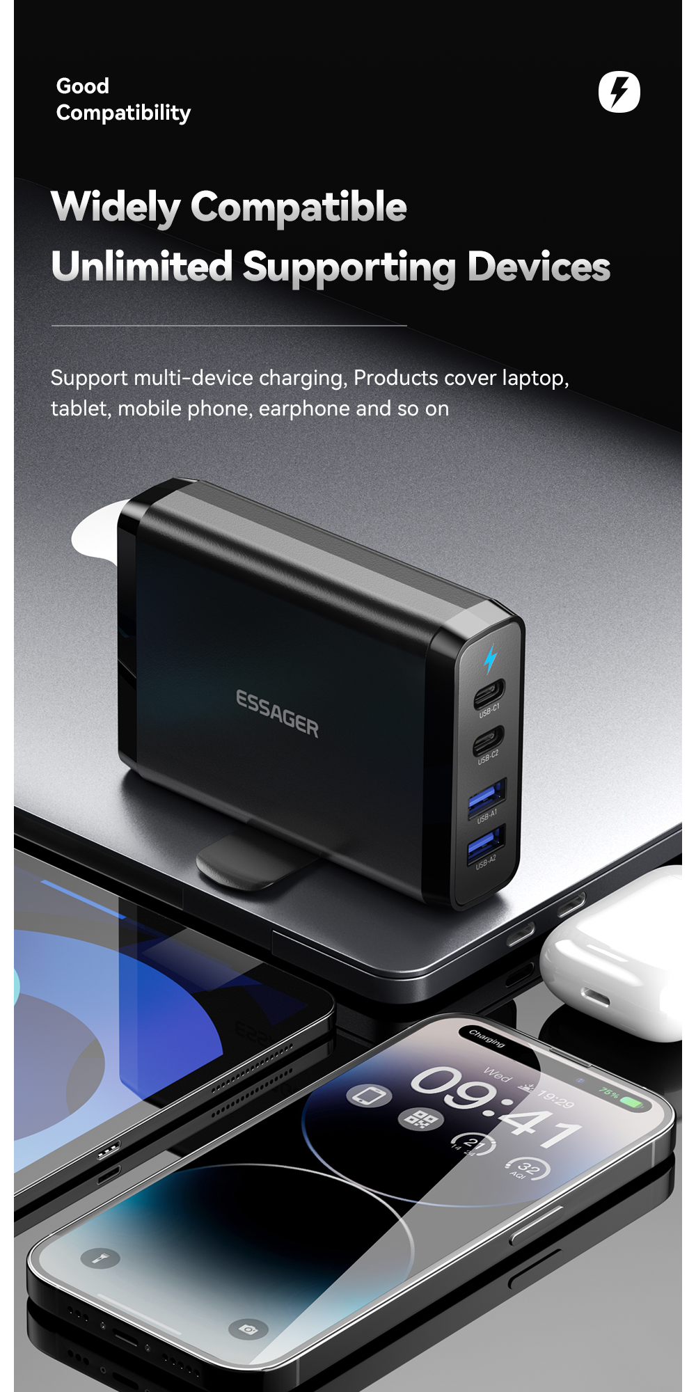 Travel Type C Desktop GaN Phone Charger Quick Charging 100w With Dual USB Ports