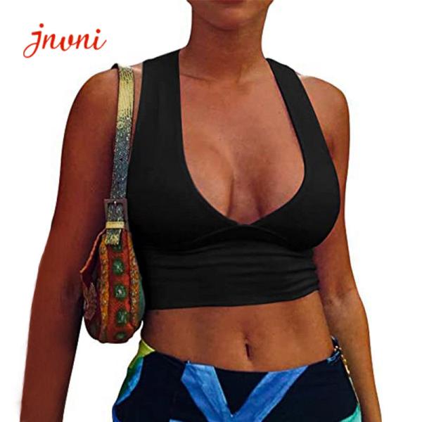 215gsm Women'S Sexy Deep V Neck Bra Back Cutout Wide Hem Racerback Tank Crop