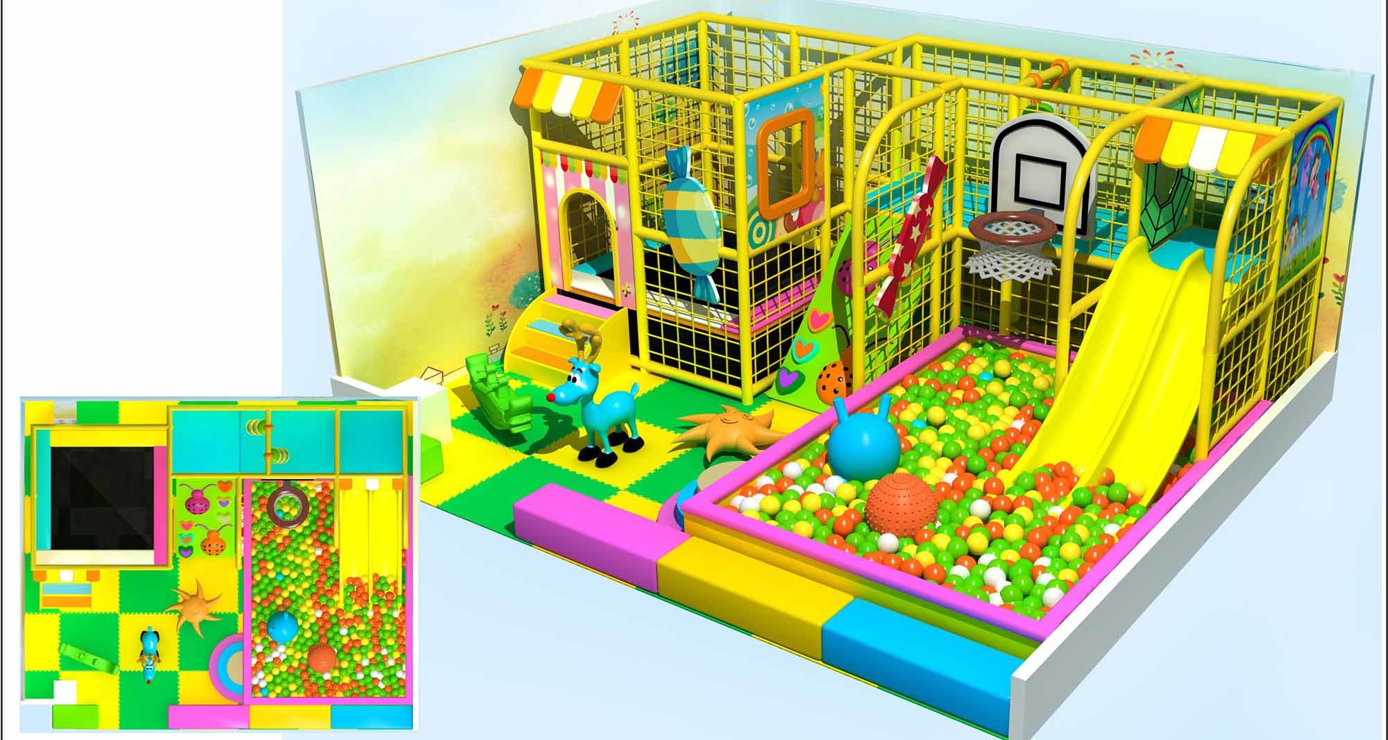 candy theme kids playscape children's play gym with large ball pit indoor slide for kids