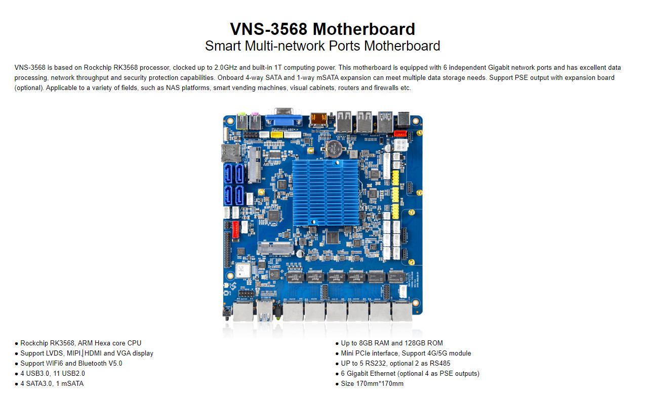 VNS-3568 Smart Multi-network Ports Mainboard RJ116 cash drawer interface 1Tops Computing power