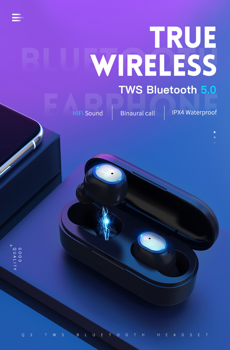 Q2 Blue tooth in-Ear Headset Earbud V5.0 Noise Cancelling Invisible Outdoor Sports TWS Earphone Headphone for Cell Phone