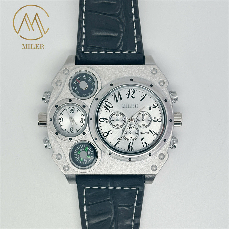 Unique Design Quality MILER Brand Dual Time Big Face Men Watch with Compass Leather Strap Quartz Watch