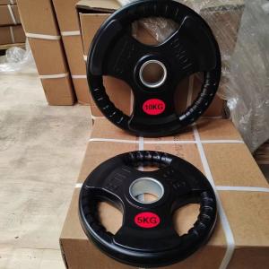 China 3 Holes Black Rubber Coated Weight Plate Free Weights Barbell Plate wholesale