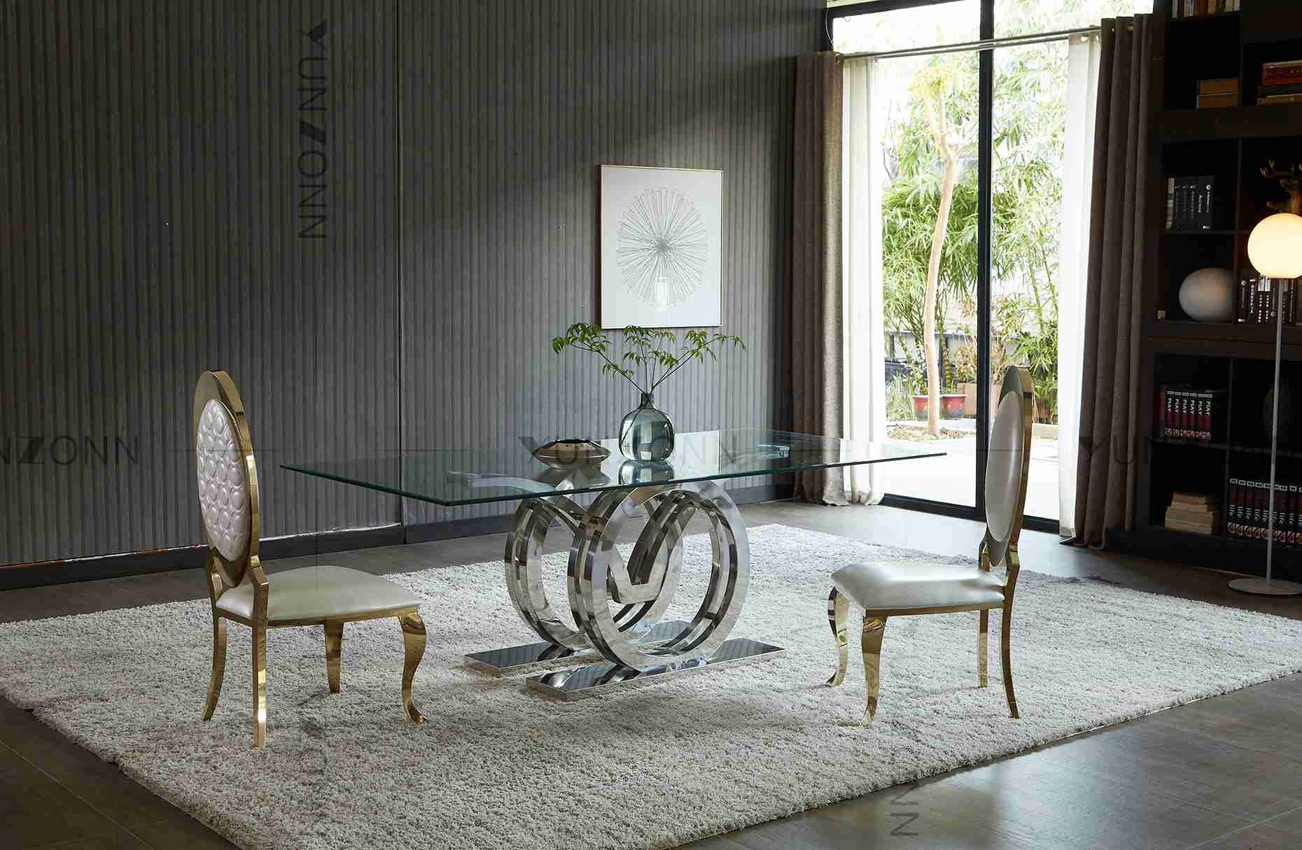 Seagulls Design Luxury Modern Glass Top Dining Table Set 4 Seater Stainless Steel Base Frame Silver