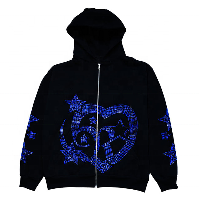 700 grams Heavyweight Rhinestone Zipper Men's Hoodies Sweatshirts Full Zip Up Hoodie