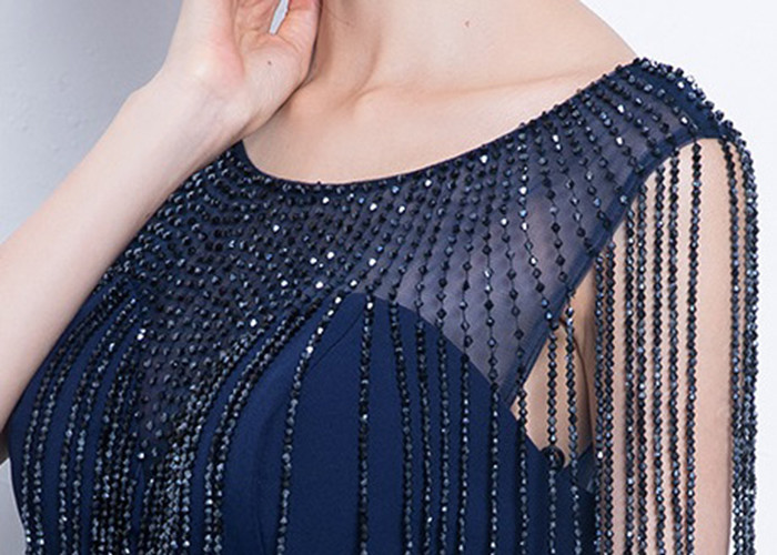 Long Tail Navy Blue Evening Gown Shoulder Beads Tassels Stretch Mermaid Shape