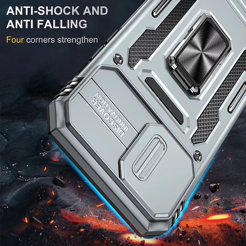Kickstand Slide Camera Antishock Phone Back Cover For Iphone 13 14 Pro Max Phone Case With Ring Holder Lens Cover