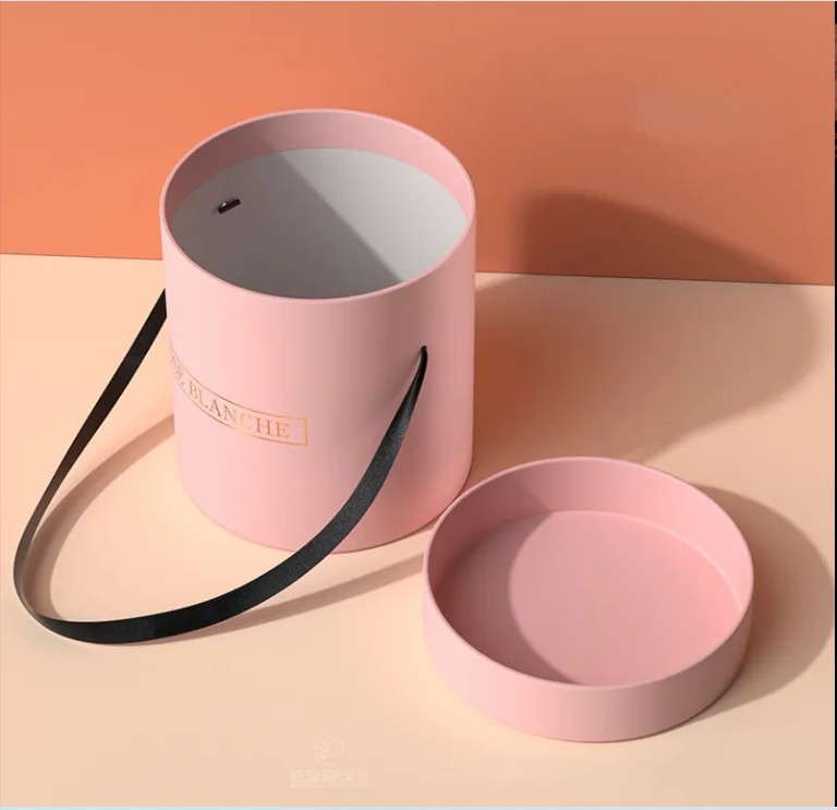 Custom Luxury Round Flower Packaging Box Ribbon Handle Cylinder Rose Box