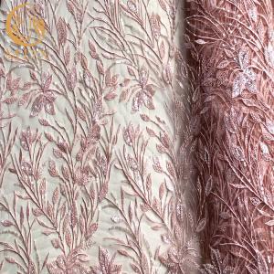 China Popular Pink Beaded Wedding Lace Fabrics 20% Polyester Water Soluble wholesale