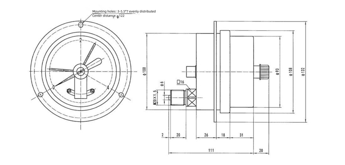 Shock Proof Differential Pressure Gauge Magnetic Auxiliary Contact 1.6MPa