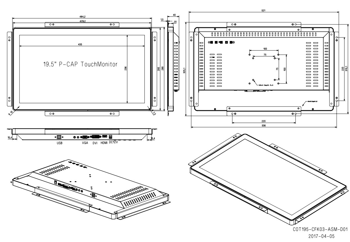 19.5Inch PCAP Touch Monitor TFT LCD Screen With Mount Bracket